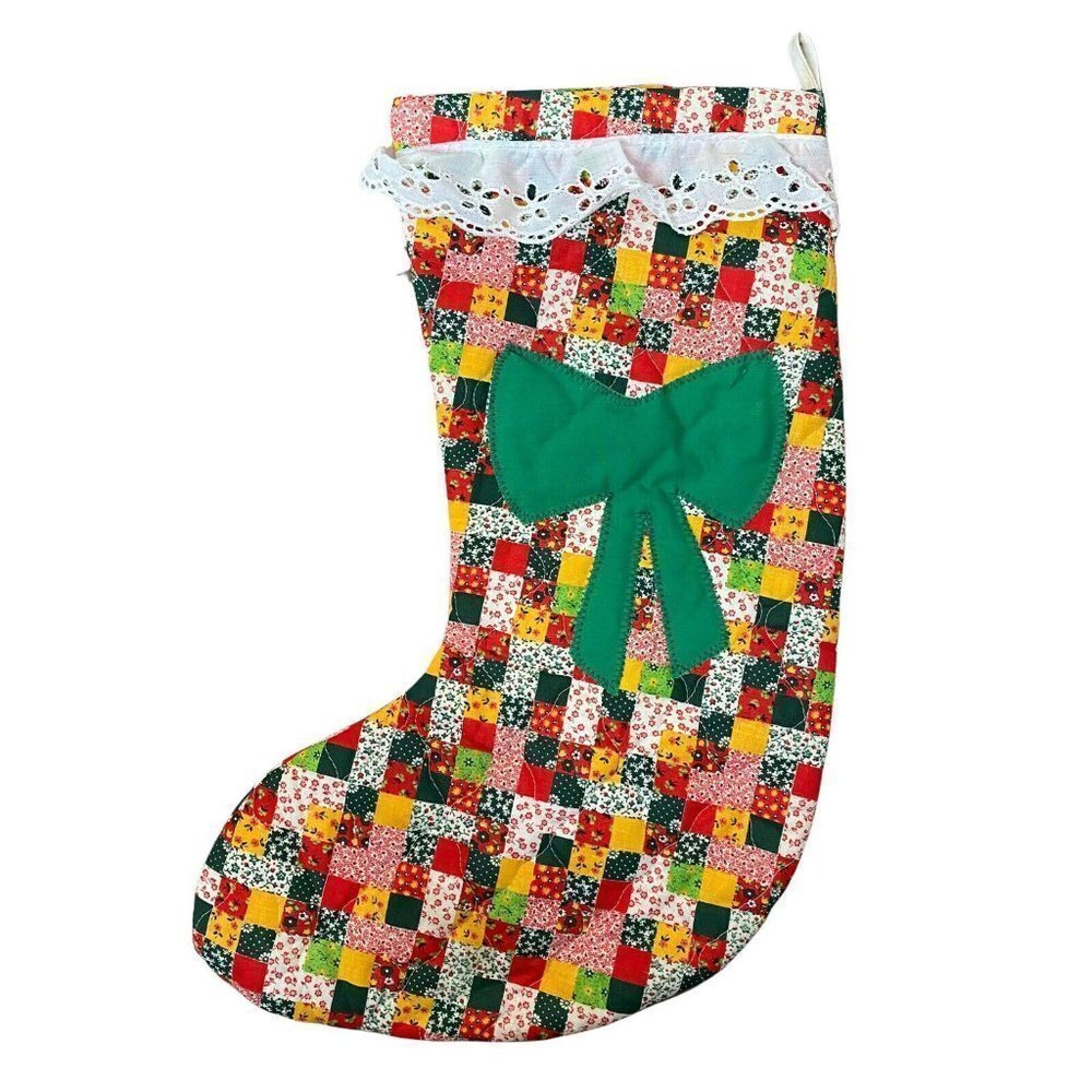 VTG Quilted Christmas Stocking Patchwork Fabric Lace Bow MCM 16”